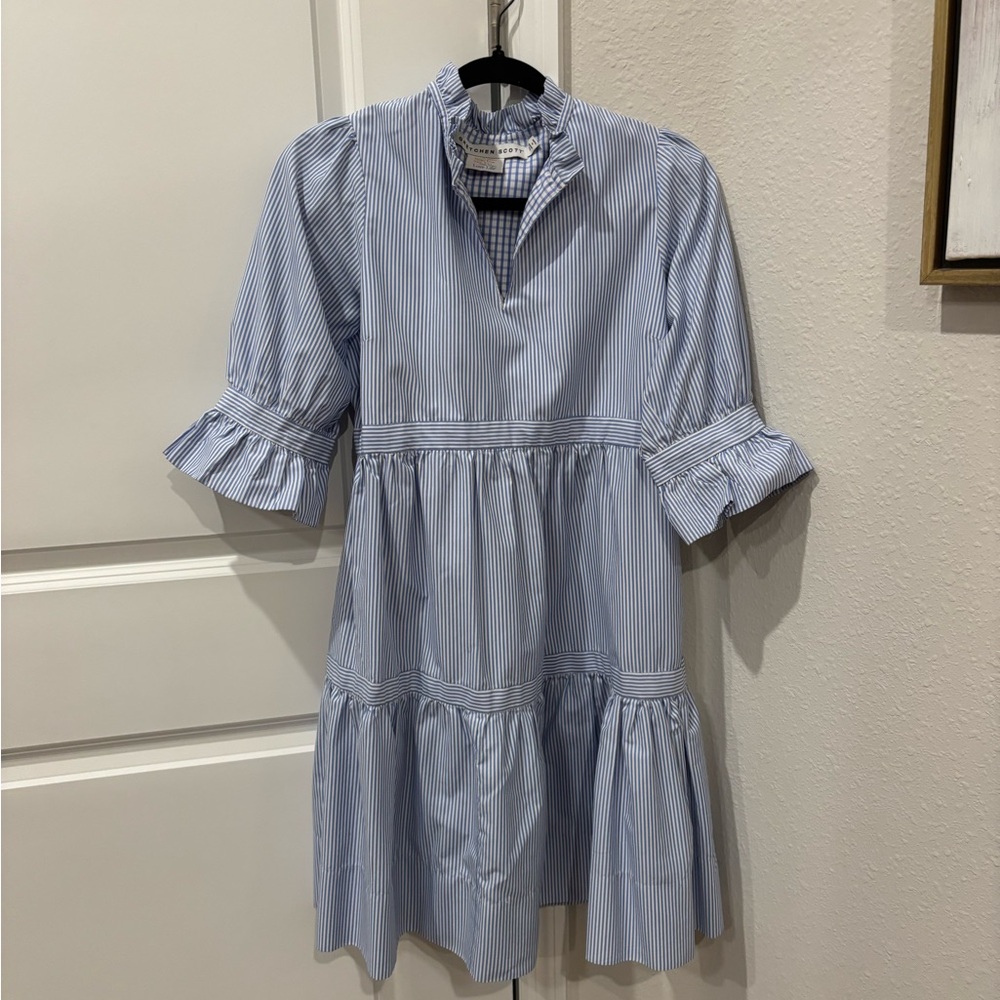 Gretchen Scott Designs Blue and White Striped Tiered Dress